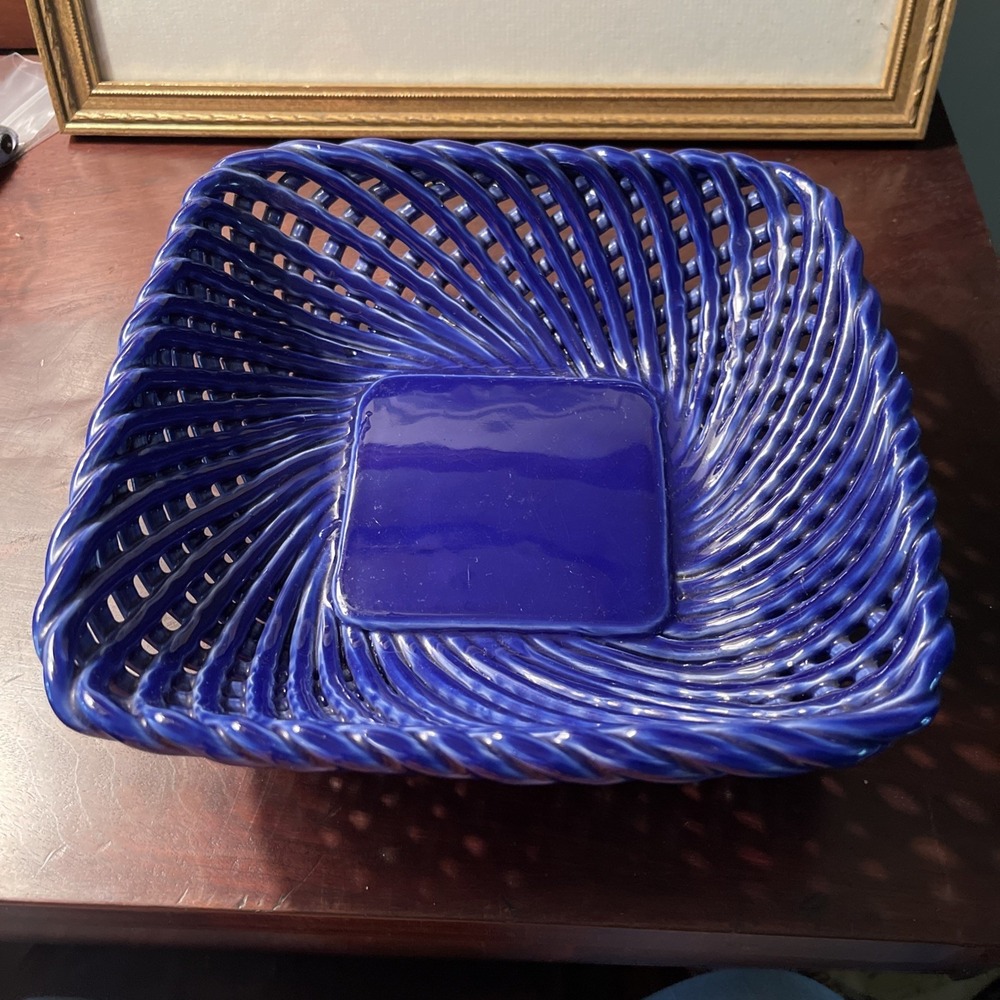 Lillian Vernon Cobalt Blue Ceramic  Square‎ Lattice Weave Bowl Made In Italy